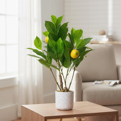 Garvee 2 Pack Artificial Lemon Branch Fake Plants, 19.7" Faux Green Bonsai Tree with White Marble-Look Pot with Black Speckles, Cement Moss Base, Decorative Artificial Plants Indoor for Home & Office