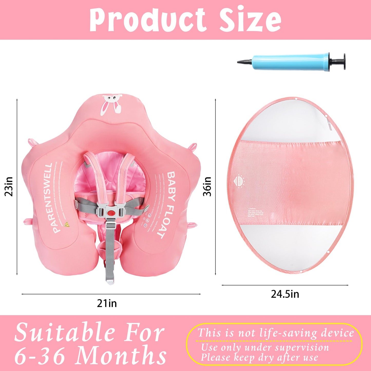 Baby Pool Float with Canopy UPF50+ Sun Protection, Soft Fabric-Covered Baby Floats with Safety Seat, No Flip Over Baby floatie for Age 6-36 Months, Infant Pool Float for Toddler Boys and Girls