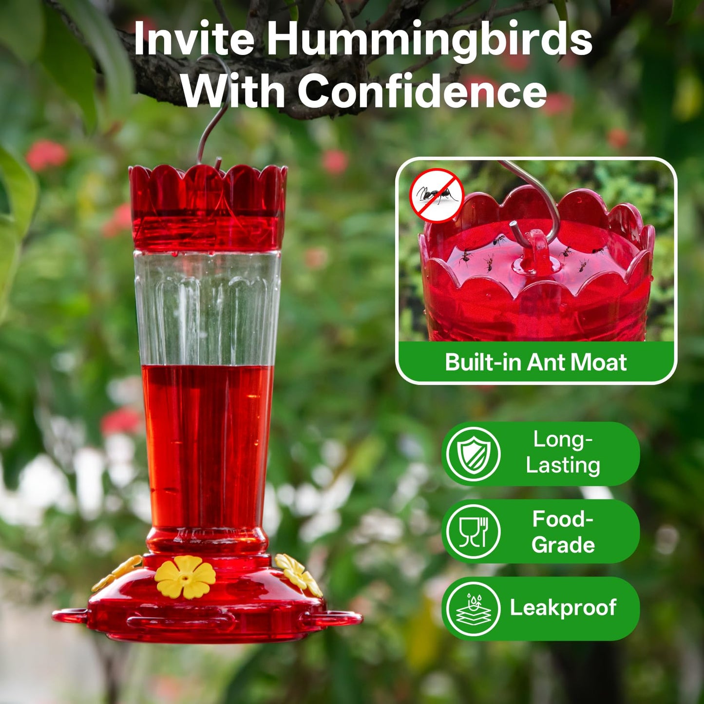 TOP XIAN Plastic Hummingbird Feeder, 2-Pack 14 OZ Ant & Bee Proof Hummingbird Feeders for Outdoors Hanging, Leak-Proof Nectar Feeders with 4 Feeding Ports and Perches, Gifts for Mom, Birdlovers