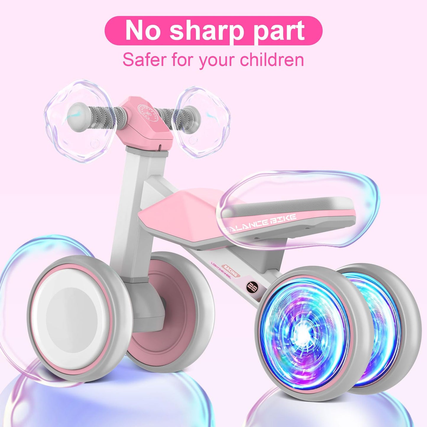 ESPRAY Colorful Lighting Baby Balance Bike Toys for 1 Year Old Girls Gifts, Toddler First Bike 12-24 Months with Adjustable Soft Seat, 4 Silent Wheels Ride on Toy, Perfect First Birthday Gift