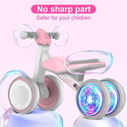 ESPRAY Colorful Lighting Baby Balance Bike Toys for 1 Year Old Girls Gifts, Toddler First Bike 12-24 Months with Adjustable Soft Seat, 4 Silent Wheels Ride on Toy, Perfect First Birthday Gift