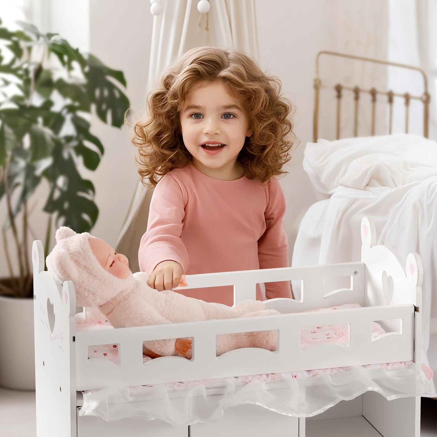 ROBUD Baby Doll Crib, Wooden Doll Bed, Baby Crib Toy with Storage, Bedding, Storage Bag and 3 Hooks, 18-21 inch Doll Accessories, Girl Doll Furniture Ages 3+ (White)