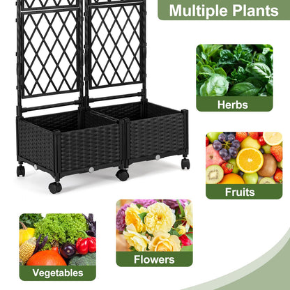FOLLOOK Planter Box with Trellis, 4ft Tall Self-Watering Plastic Raised Garden Beds and Lattice Trellis with Lockable Wheels & Drain Plug for Outdoor Patio Backyard Balcony, Black, 2 Pcs