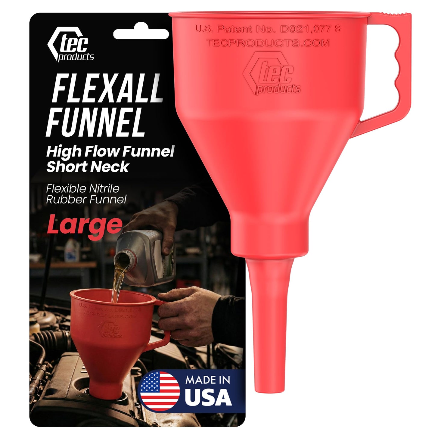 TEC Products FlexAll Short Neck Funnel - Flexible Funnel w/Hose for Automotive Use - Durable Nitrile Rubber - Car Oil Change, Transmission Fluid, Diesel, Gas - USA Made - Large (11 x 5.73 Inches)