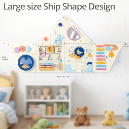 Pillowhale Tangram Activity Wall Busy Board Panels, 12-in-1 Learning Activity Center, Wooden Montessori Sensory Toys for Toddler Playroom, Nursery, Daycare, Classroom, Dentist Waiting Room