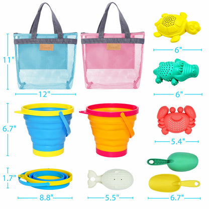 Aclarastra Collapsible Beach Toys for Kids Toddlers, Collapsible Sand Buckets Shovels Set with Mesh Bags and Sand Molds, Foldable Travel Sand Toys for Beach Sandbox Toys for Kids