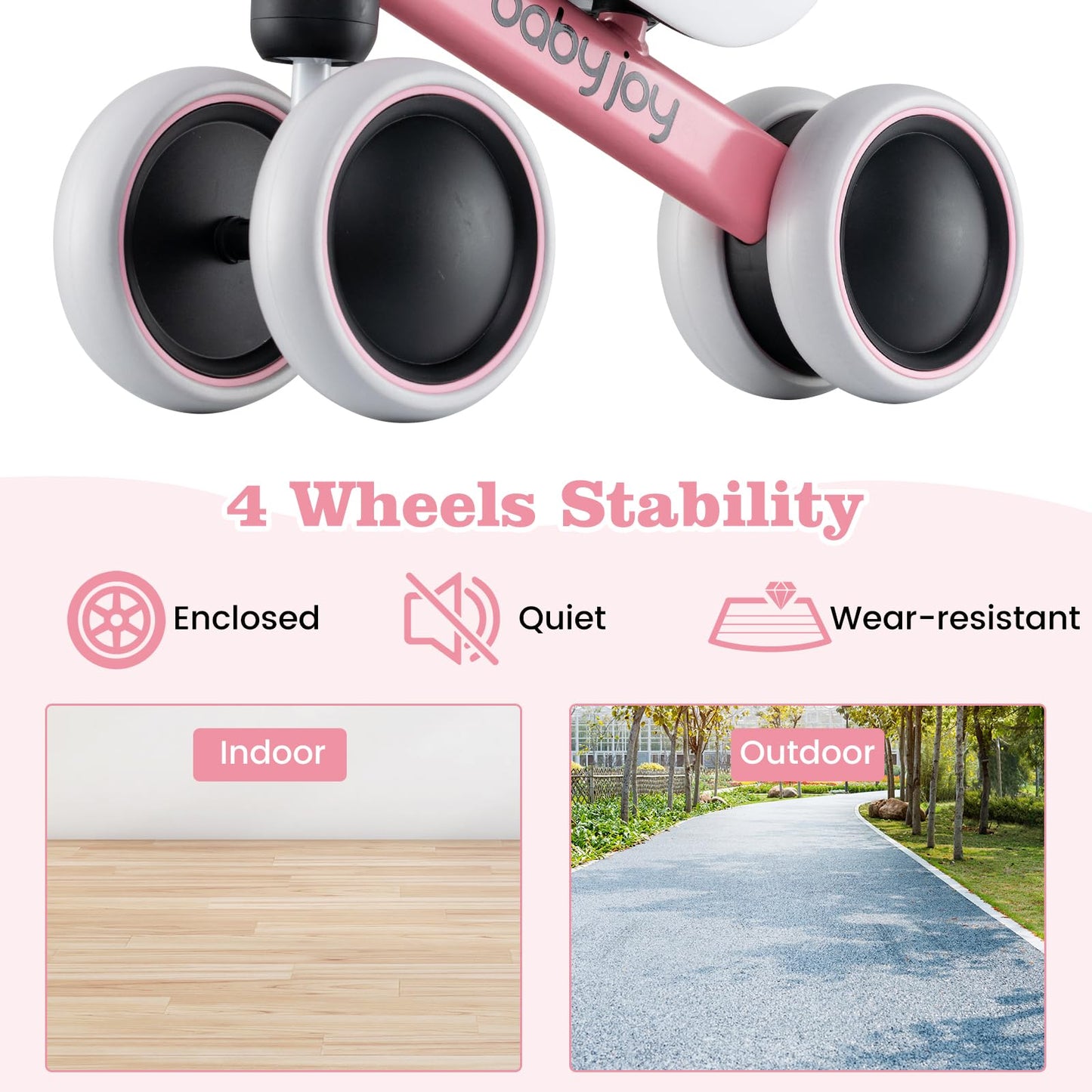BABY JOY Balance Bike, No Pedal 4 Wheels Toddler Bike with Soft Seat as First Ride-on Toy Birthday Gift, Baby Balance Bike for 2 Years Old Boys Girls (Pink)