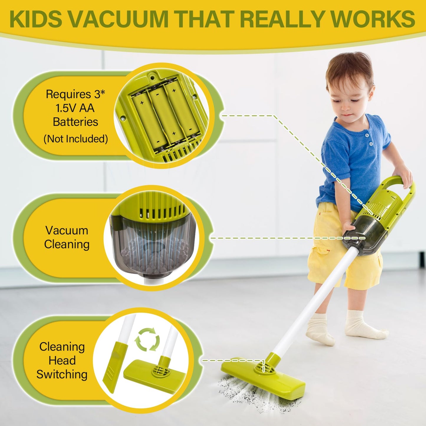 Dreamon Toddler Cleaning Set - 14Pcs Kids Cleaning Toy Set with 2-in-1 Kids Vacuum that Really Works, Pretend Home Cleaning Play Set for Toddler Age 3-7, Christmas Birthday Gift for Girls Boys（Red）