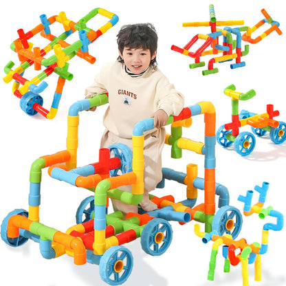 RAINBOW TOYFROG Fun Plus Size 156 Piece Pipe Building Blocks Set for Kids 4-8, Toddlers, Daycare - Educational STEM Interlocking Pipes, Tubes, Construction Blocks. Makes Variety of Cars & Push Toys