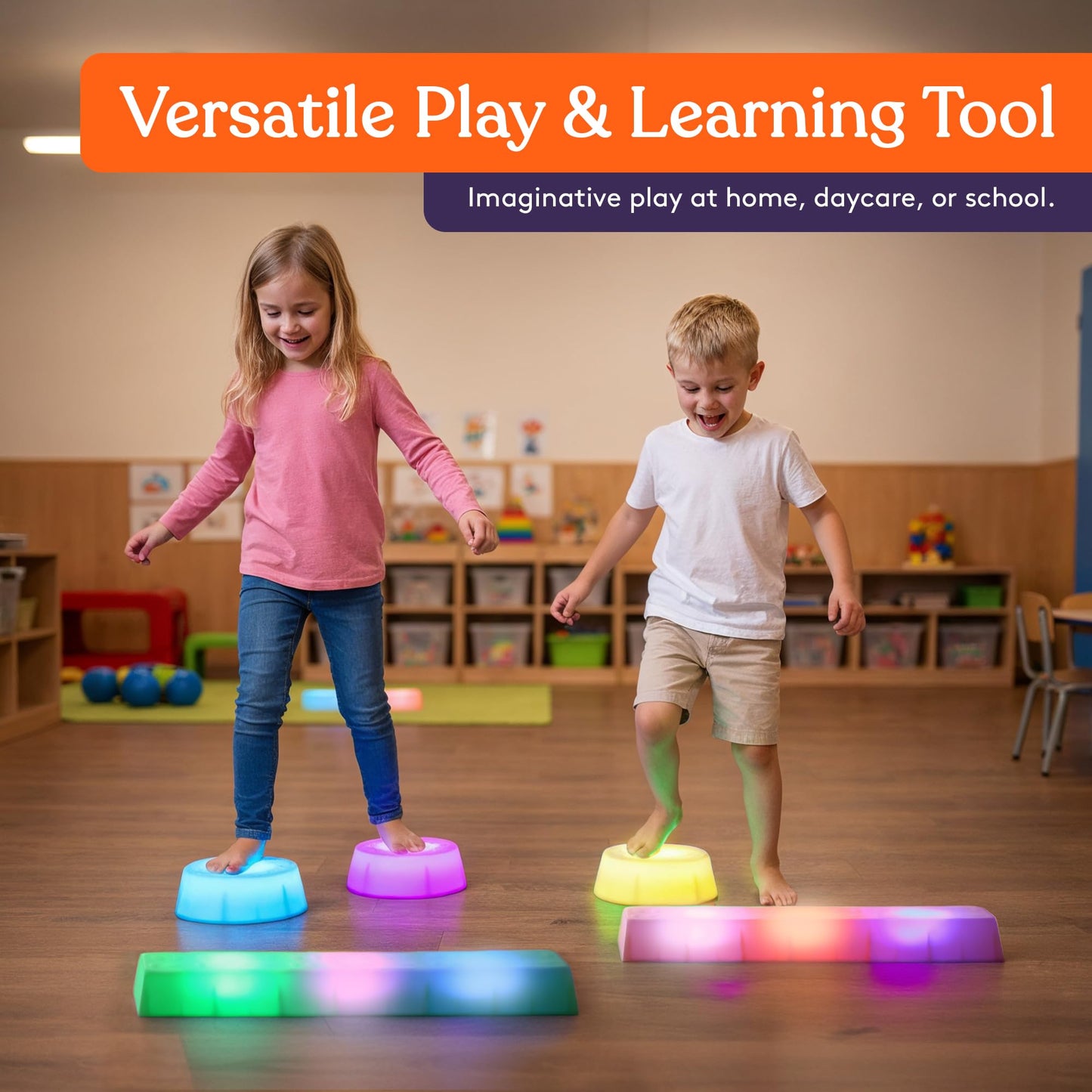 Special Supplies LED Stepping Stones for Kids -Light-Up Balance Blocks- Coordination & Balance for Toddlers & Children- Durable Non-Slip Rubber, Safe Indoor & Outdoor Play (2 Beams + 3 Circles)