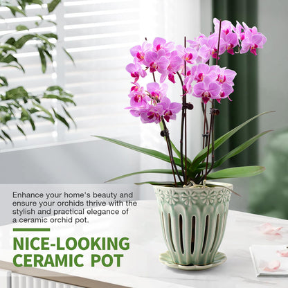 SUADEN 5" Ceramic Orchid Pots with Holes | Crackle Glazed Orchid Pot with Drainage and Separate Saucer | Ideal Plant Pot for Repotting Orchids and Other Flowers(Green)