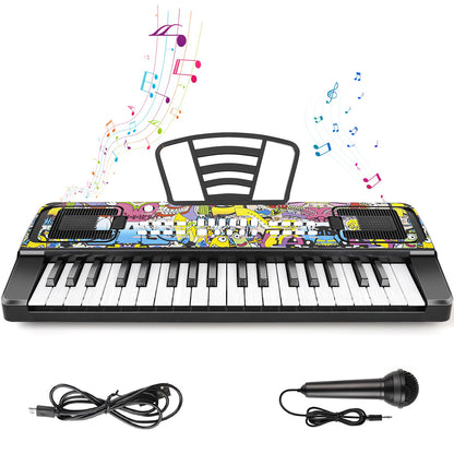 Kids Keyboard Piano, 37 Keys Keyboard Electric Digital Piano, Early Learning Educational Musical Toys Piano for Kids Toddlers Beginners with Music Stand, Microphone - Christmas Birthday Gifts, Black