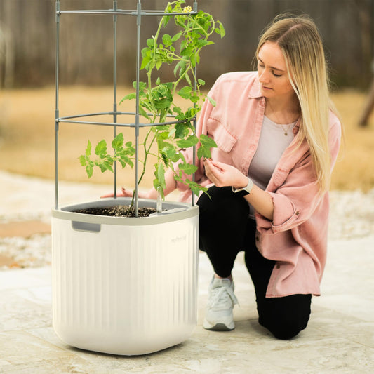 Vego garden Planters for Outdoor & Indoor Plants, Large Plant Pots with Self Watering, 15" Tall Large Plant Pots with Trellis for Flowers Plants Decor, Cream White