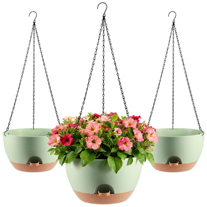 WUCEIAUU 3-Piece Set of 10-Inch Hanging Planters with Automatic Watering System and Drip Tray, Includes Metal Chain, Suitable for Various Indoor and Outdoor Plants and Flowers, Green Brown