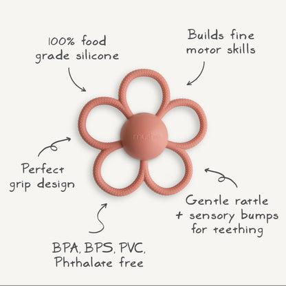 mushie Silicone Baby Daisy Rattle Teether Toy (Dusty Rose)