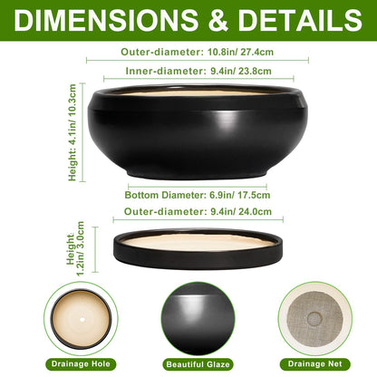 EPFamily Bonsai Pots 10 Inch - Ceramic Succulent Planters Indoor Outdoor, Bonsai Pots with Drainage Hole and Tray, Modern Shallow Planter, Round Bowl Planter, Garden Decor, Garden Gift, Black