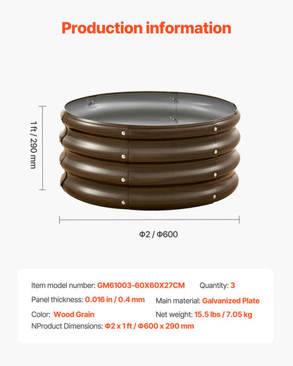VEVOR 3 Pcs 2x2x1ft Round Galvanized Raised Garden Bed Kit, Outdoor Metal Raised Beds for Gardening Vegetables, Easy Assembly Garden Planter Box for Flowers Fruits with Open Base