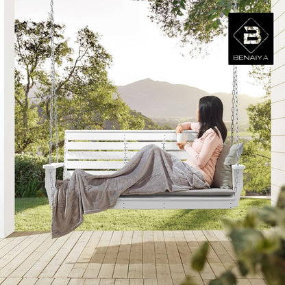 BENAIYA Heavy Duty Poly Lumber HDPE Porch Swing with Mounting Kit and Accessories Outdoor Hanging Chair with Cup Holders Swinging Bench for Patios, Backyard Poly Wooden Seating, Sturdy Steel Chains
