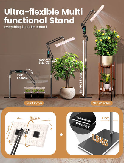 MetryGrow Plant Grow Light, [Smart APP & Expansive 2x2 Ft Coverage] Genuine 60W Output LED Full Spectrum for Indoor Plants, 8-Level Brightness, Supports Hanging & Standing, 270° Folding, 360° Rotation