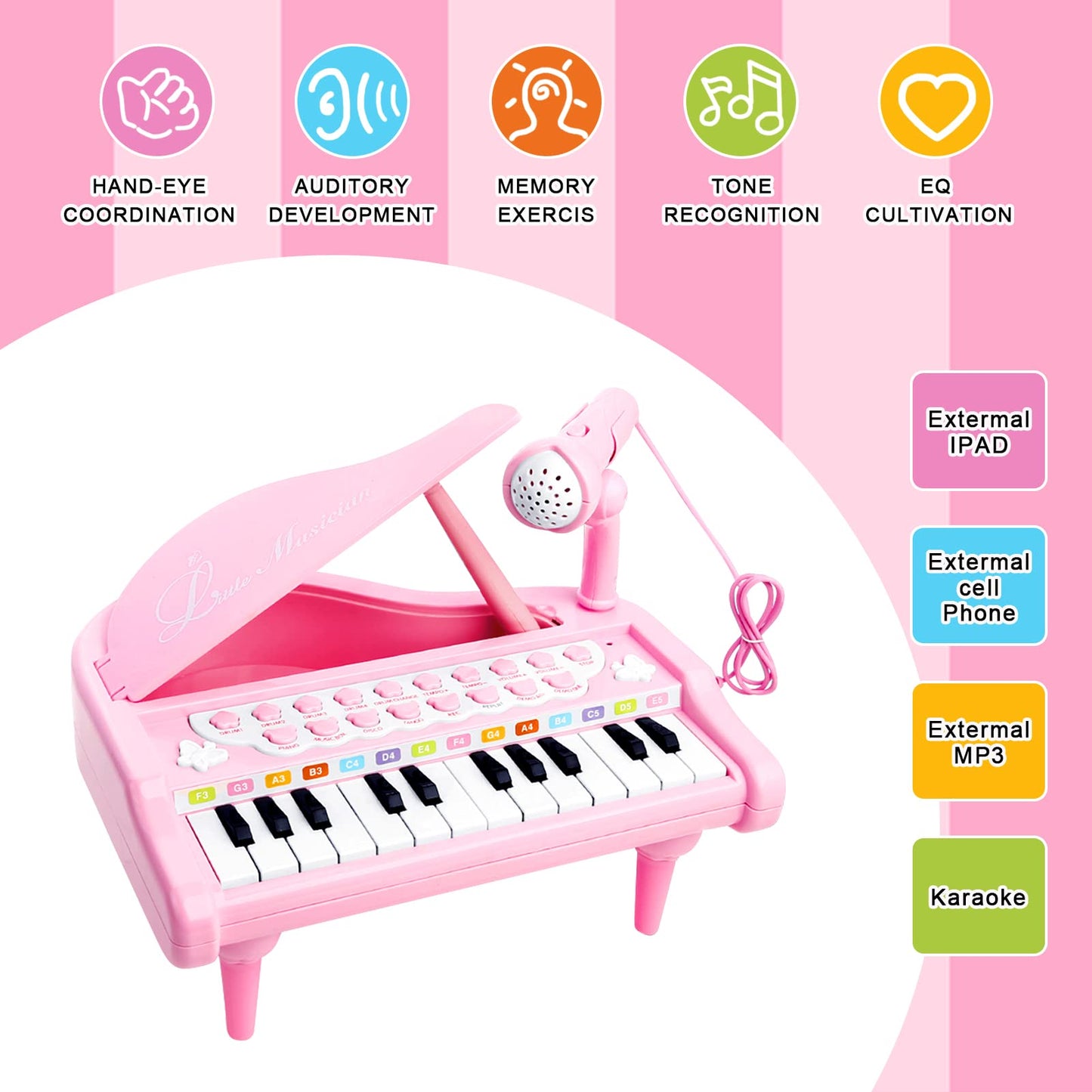 24 Keys Pink Piano Toy with Microphone and 49 Keys Keyboard Toy Piano for 2 Years Old Girls Gift