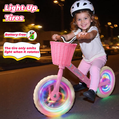 Adjustable Toddler Balance Bike for 2-5 Years Old,Kids Balance Bike with Basket,Kids Bicycle for 2 3 4 5 Years Old Girl Birthday Christmas Toy Gift,Soft Seat & Handlebar,Puncture-Proof LED Tire,Pink