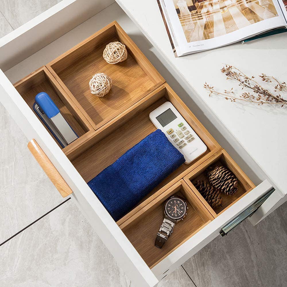 Lawei Set of 5 Bamboo Drawer Organizer Boxes, Desk Storage Box Kit, Drawer Storage Containers Tray Bins for Office, Kitchen, Bedroom, Children Room, Craft, Sewing