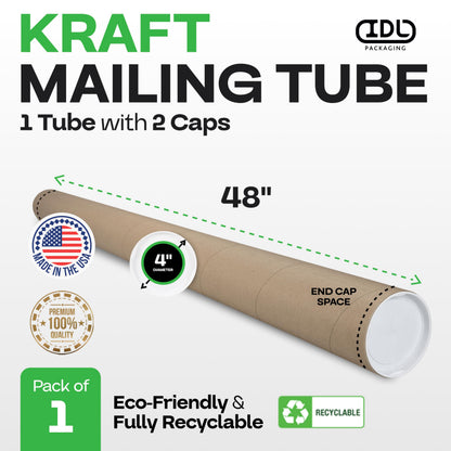 IDL Packaging Cardboard Mailing Tube, 4" x 48" with Plastic Caps - USA-Made USPS Approved Poster Tube for Documents & Blueprints - Reinforced Mailing Cylinders for Shipping & Storage