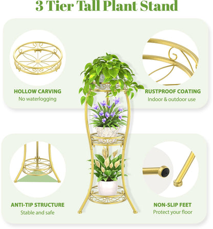 iDavosic.ly 3 Tier Tall Metal Plant Stand Indoor Outdoor, Wrought Iron Corner Flower Pot Holder Shelf, 34 Inch Vertical Display Rack for Patio Porch Living Room Garden, Gold