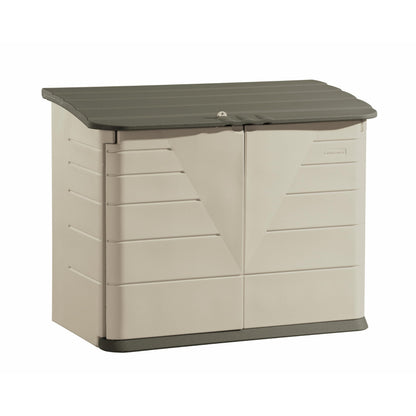 Rubbermaid Large Horizontal Resin Outdoor Storage Shed With Floor (5 x 4 Ft) Weather Resistant, Beige/Brown, Organization for Home/Backyard/Pool Chemicals/Toys/Garden Tools/Porch/Patio Cushions
