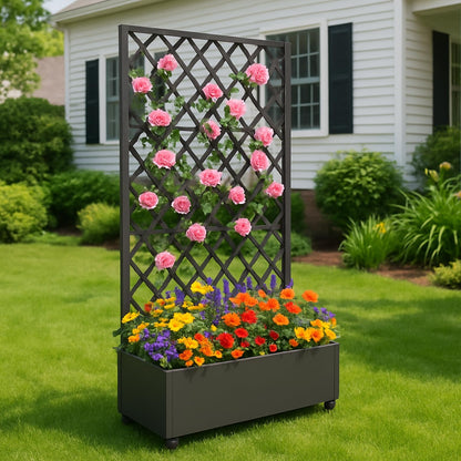 GarveeLife Metal Planter Box, with Diamond Lattice Trellis Planter Box, for Climbing Plants and Vines, Galvanized Raised Garden Bed on Wheels, Garden Bed with Trellis(72"x35" Black)