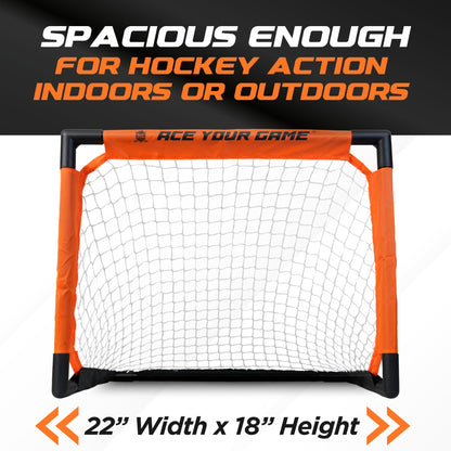 ACE HOCKEY - Shinny Hockey Set - Complete 2-Player Indoor/Outdoor Kit - Knee Hockey Goal Set (1) Goal, (2) Mini Sticks, and (4) Foam Balls - Mini Hockey Set