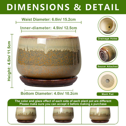 Fivepot Ceramic Plant Pots - 6 Inch Planter with Drainage and Saucer, Round Ceramic Pots for Indoor Plants, Decorative Small Planter, Office Living Room Decor, Housewarming Gifts, Brown-Beige