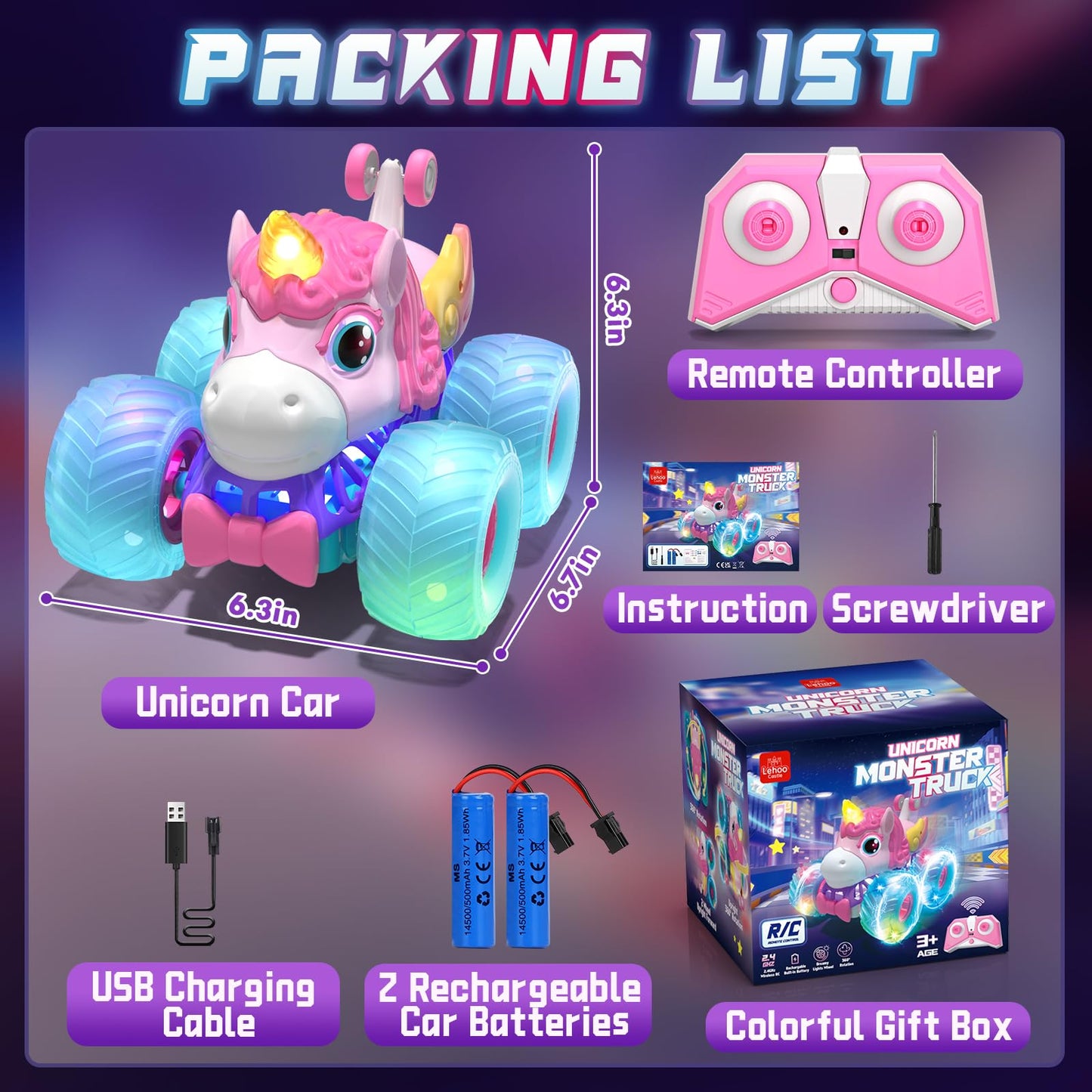 Lehoo Castle Remote Control Car for Girls 360° Rotating, Unicorn Monster Truck with Light & Music, 4WD All Terrain RC Stunt Car Rechargeable, 2.4GHz RC Truck for 3 4 5 6 7 8 Girls Birthday Gift
