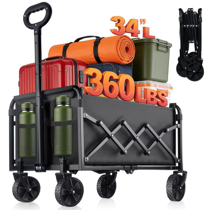Collapsible Foldable Wagon Cart with Wheels - 360LBS Heavy Duty Folding Wagon Carts, Portable Lightweight Utility Wagon with All-Terrain Wheels & 2 Cup Holders, Grocery/Beach/Sports/Shopping/Black