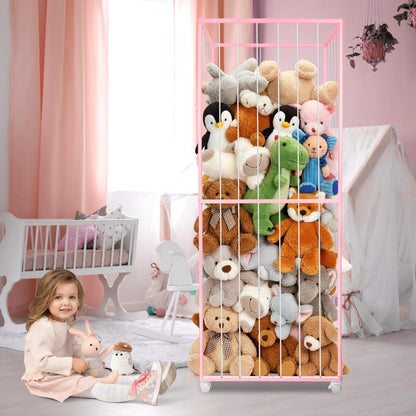 BETBEM Stuffed Animal Storage, Metal Tube Extra Large Toy Storage Organizer with Brake Wheels, Stuffed Animal Holder Zoo Organizer for Nursery Playroom Kids Room Pink(61” x 23.6”x 16.5”)