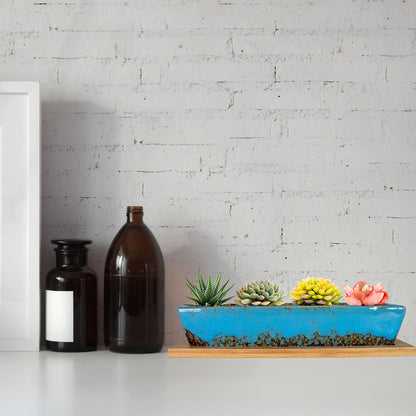 ARTKETTY Succulent Pots, 9.8 Inch Ceramic Succulent Planters with Drainage Small Bonsai Pot with Bamboo Tray, Mini Cactus Flower Planter Pot Shallow Rectangular Window Planters for Indoor Plants