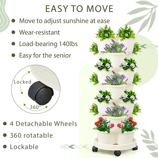 Umigy 2 Set Ivory 2 Set of 7 Tier Stackable Vertical Planters with Removable Wheels and Tools Tower Planters Strawberry Herb Flower Vegetable Pots Indoor Outdoor Gardening Pots