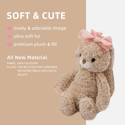 CUDDLE CORNER Bunny Stuffed Animal Soft Rabbit Cuddly Toy 8'' Long - Eared Brown Plush Bunny with Pink Bow Plush Toys for Babies and Toddlers