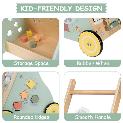 GiggleGems Wooden Baby Walker, Multiple Learning Activities Center Develops Motor Skills for Infant to Toddler, Push and Pull Walkers with Wheel for Boys Girls
