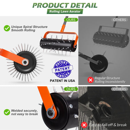 Walensee Rolling Lawn Aerator, Heavy Duty Manual Aerator Tool with 42 Spikes, Lawn Spike Aerator Roller with 71" Adjustable Handle, Soil Penetrator Push Lawn Aeration for Garden Yard Patio