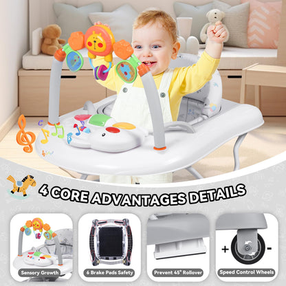 RefoereBabe Baby Walker, 5 in 1 Baby Walkers for Boys Girls 6-12 Months, Foldable Walkers for Babies with Bouncer & Feeding Tray, Music, Adjustable Heights, Activity Walker for Infant