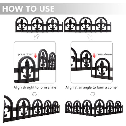 Evelyne Black Garden Border Plastic Edging – PP Plastic, Metal-Free Wrought Iron Look Design, 15pcs Black Yard Landscaping Fence Liner Lawn Edge Barrier, 20ft Kit of Decorative Lawn Landscape Panels