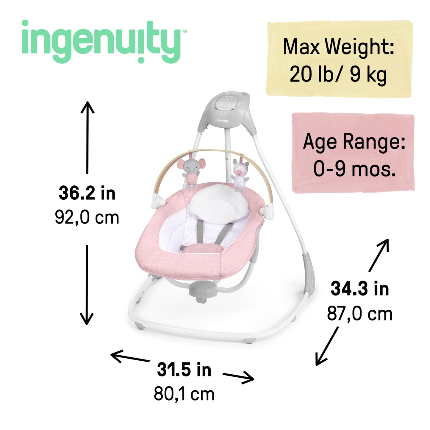 Ingenuity SimpleComfort Compact Baby Swing, Rotating Seat Swings in 3 Directions, 6 Speeds, 8 Melodies & 3 Nature Sounds, Ages 0-9 Months, Up to 20 Pounds - Pink