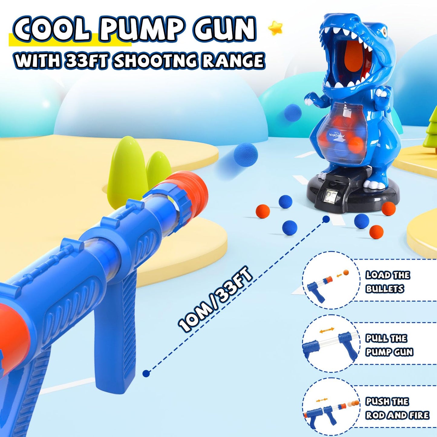 EagleStone T-Rex Dinosaur Shooting Toys for 6 7 8 Year Old Boys, Electronic Shooting Target Game with Air Pump Gun, 24 Balls, Foam Blaster Boy Toys Age 6-8 8-10, Christmas Birthday Gifts for Kids