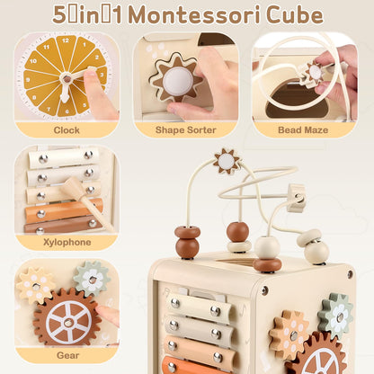Vanplay Montessori Toys for 1+ Year Old Girls Boy Gifts, Wooden Sensory Activity Cube for Babies 12-18 Months, Learning Educational Toys 1 2 3 Year Old First Birthday Gifts for Toddler 1-3