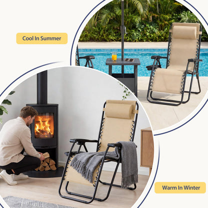 Sweetcrispy Zero Gravity Chairs, Set of 2 Portable Recliner Beach Camping Patio Outdoor Folding Lounge Chair with Cup Holder Trays and Adjustable Pillow for Poolside, Garden, Backyard, Lawn (Khaki)