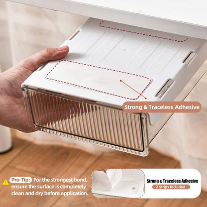 2Pcs Under Desk Storage Drawers Slide Out,Large&Medium,Stick On Drawers,Under Desk Organizer Hidden Under Table Drawer for Home Office School Organization and Storage-Clear White