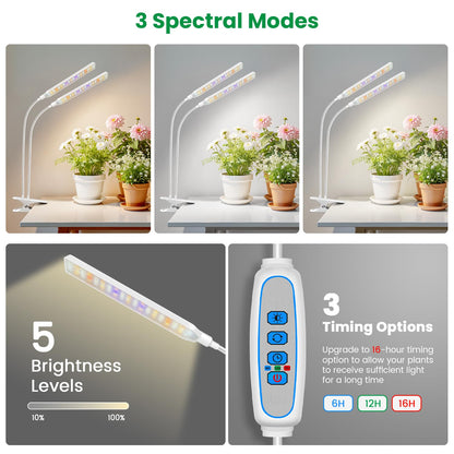 Aumtrly Plant Lights for Indoor Growing, 2 Head 114 LED Full Spectrum Clip on Grow Lights for Indoor Plants with 6/12/16H Timer, 5 Dimming, 3 Light Mode, White Gooseneck Grow Lamp
