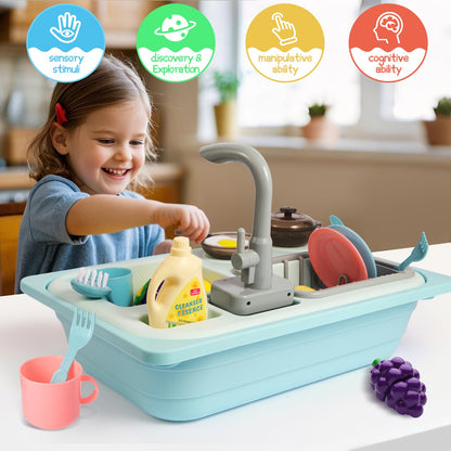 Asweets Color Changing Kitchen Sink Toys, Toddler Sink Toys with Running Water, Pretend Play Toys with Upgraded Faucet, Automatic Water Cycle System (Blue)