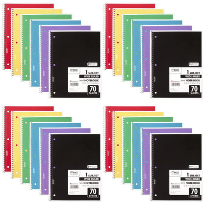 Mead Spiral Notebook, 24 Pack, 1 Subject, Wide Ruled Paper, 7-1/2" x 10-1/2", 70 Sheets per Notebook, Colors Will Vary (930203-ECM25)
